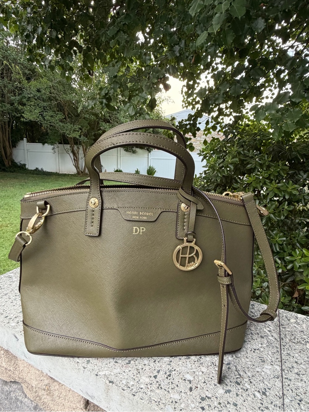 henri bendel Olive Saffiano Leather Satchel with Gold Hardware